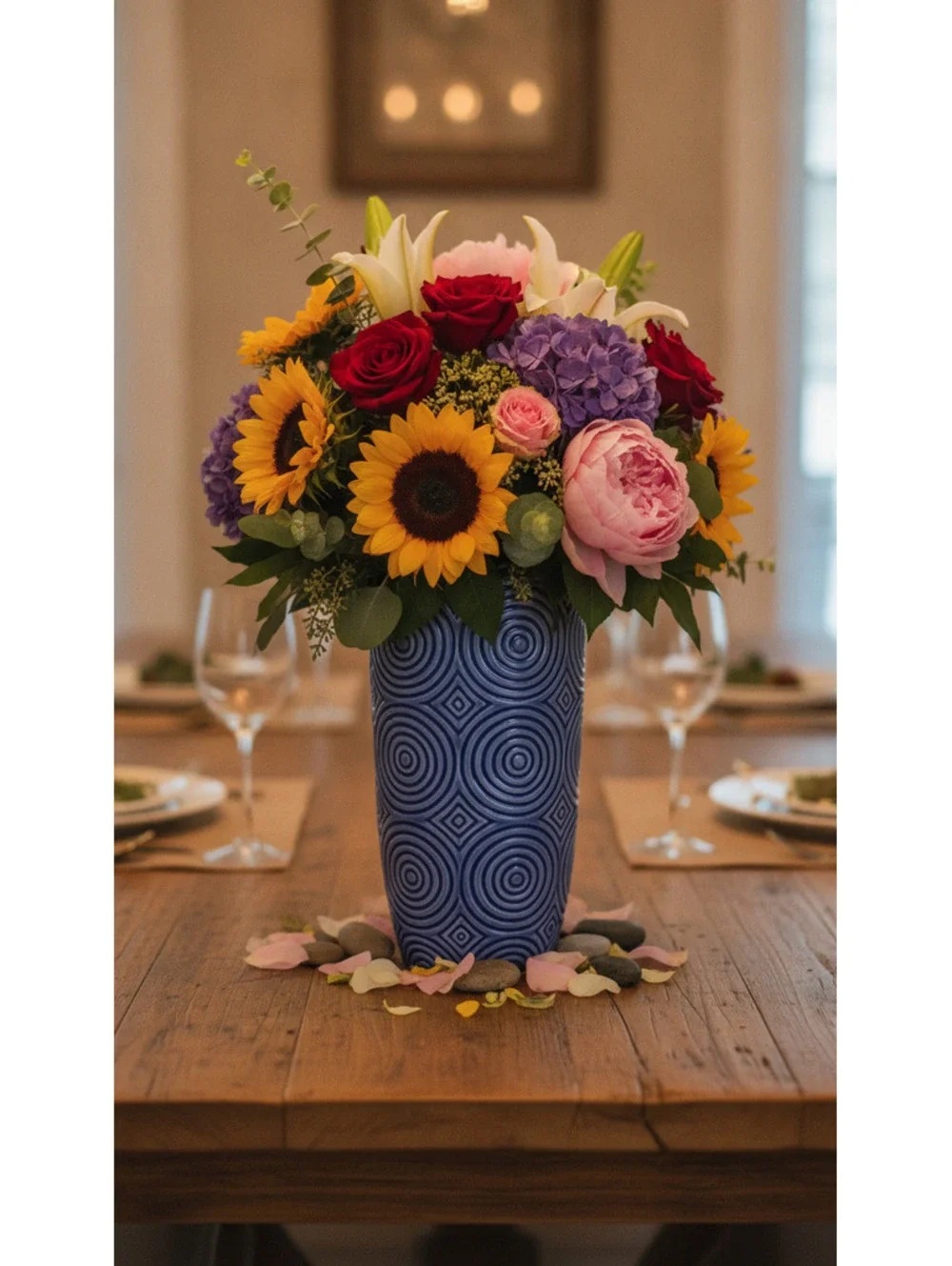 FTD Blue Vase, Ceramic Geometric Circle Design 8.75